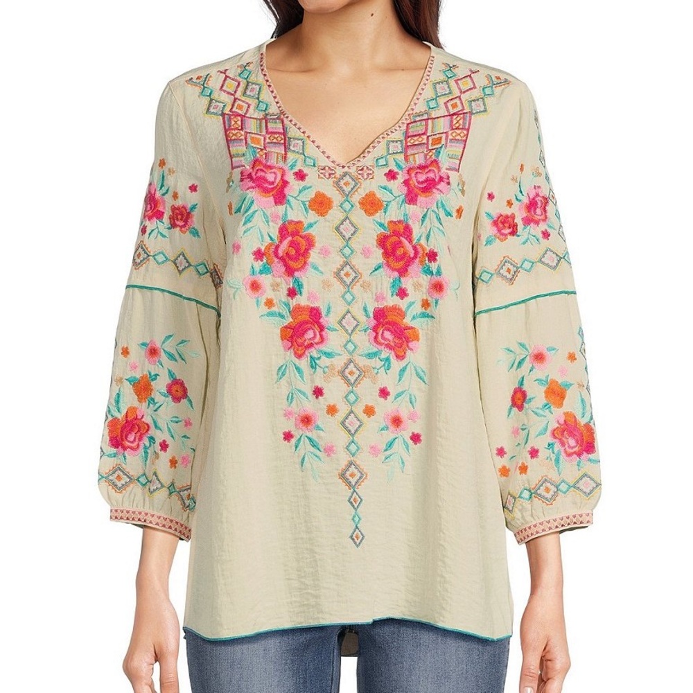 John Mark Cream Embroidered Floral V-Neck Blouse